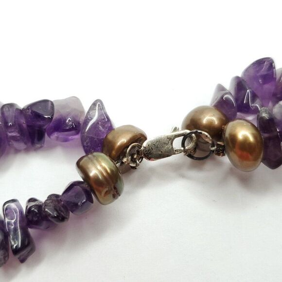 Double Strand Purple Amethyst Nugget Beaded Necklace w Bronze Colored Pearls 18" - Picture 4 of 5